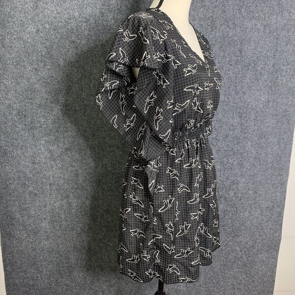 Everly Ruffled Sleeve Pullover Dress Black W/ Birds Short Light Wt Elastic Waist - Picture 10 of 12